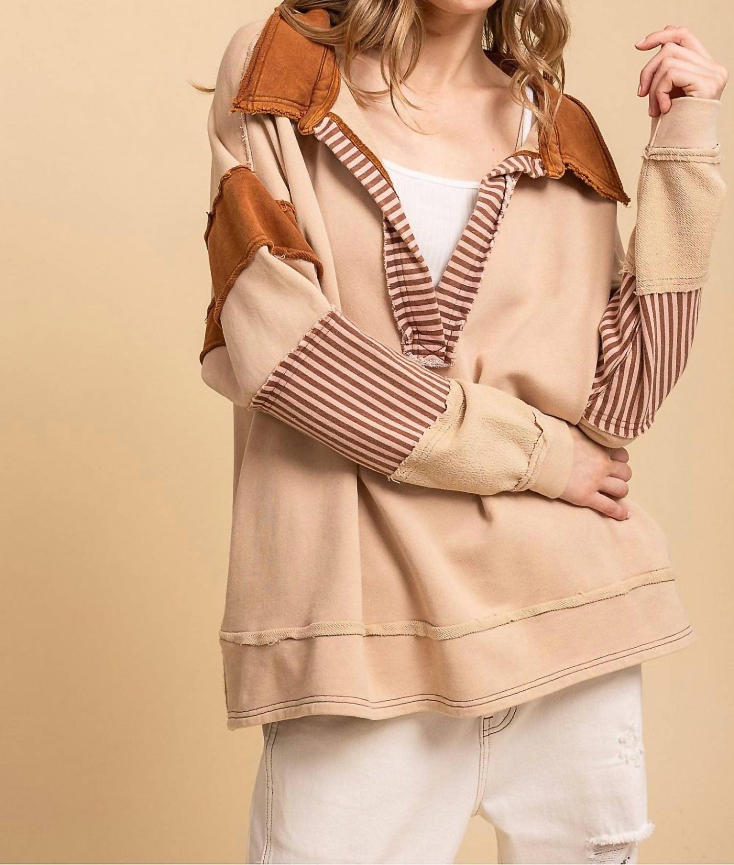 Blue Velvet Relaxed Fit Washed Multi Fabric Collared Top in tan - women's top