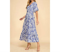 TCEC Abstract Floral Print Waist Tie Midi Dress in blue - women's dress - detail view