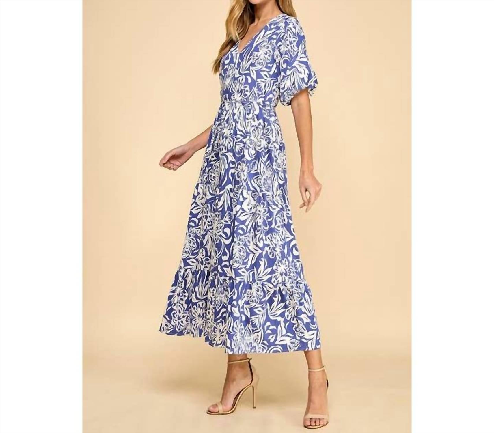 TCEC Abstract Floral Print Waist Tie Midi Dress in blue - women's dress - detail view
