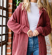 7th Ray Rib Button Down Side Pocket Shacket - Plus Size in burgundy - women's jacket