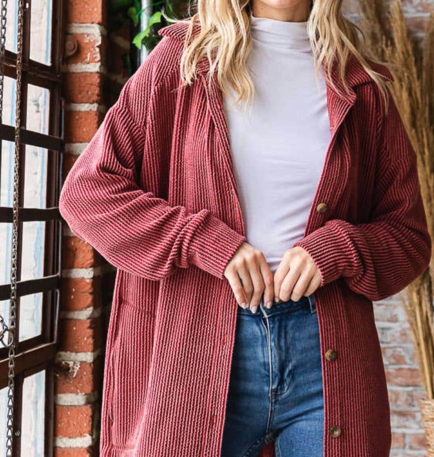 7th Ray Rib Button Down Side Pocket Shacket - Plus Size in burgundy - women's jacket