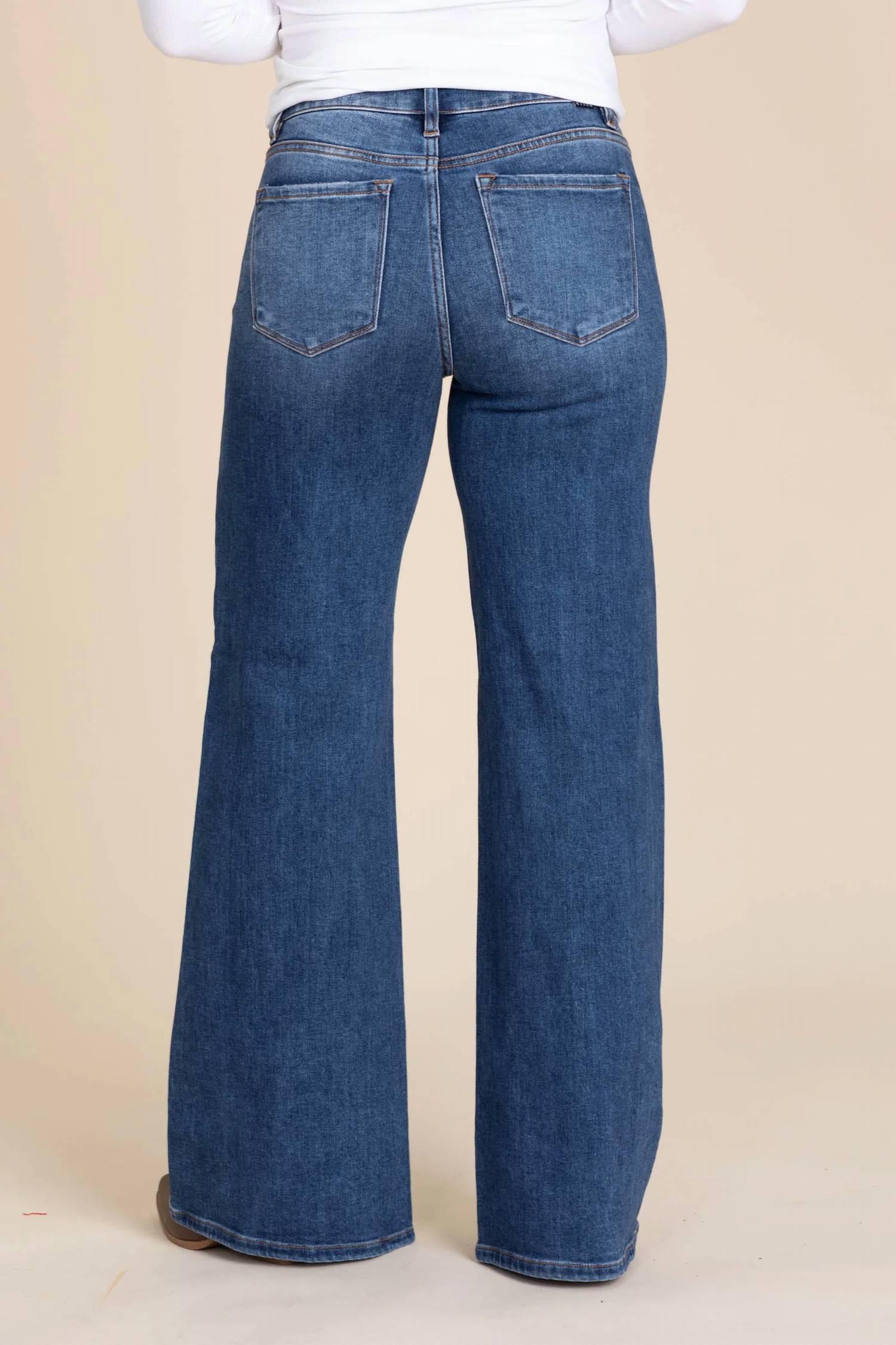 Risen - Mid Rise Front Patch Pockets Wide Jeans