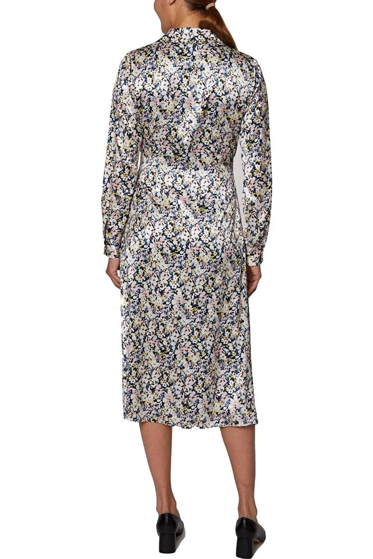 Laundry By Shelli Segal - Collared Long Sleeve Tie Waist Floral Print Satin Dress