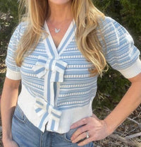 She + Sky - Women's Puff Sleeve Bow Cropped Cardigan