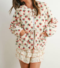 Buttermelon - Holland Floral Tie-front Fleece Jacket Coquette Peter Pan Collar Cardigan