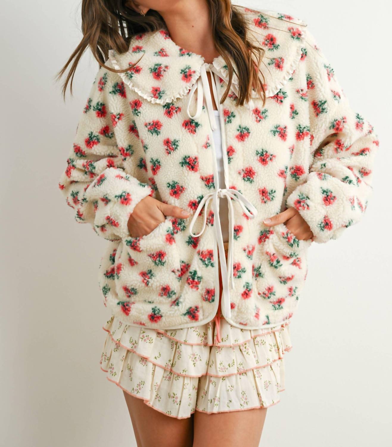 Buttermelon - Holland Floral Tie-front Fleece Jacket Coquette Peter Pan Collar Cardigan