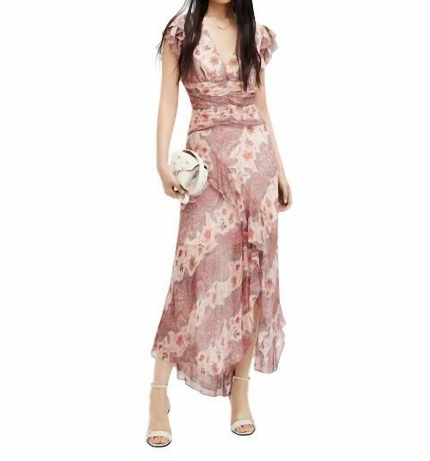 AllSaints Brea Floral Print Cascade Maxi Dress in clay pink - women's dress