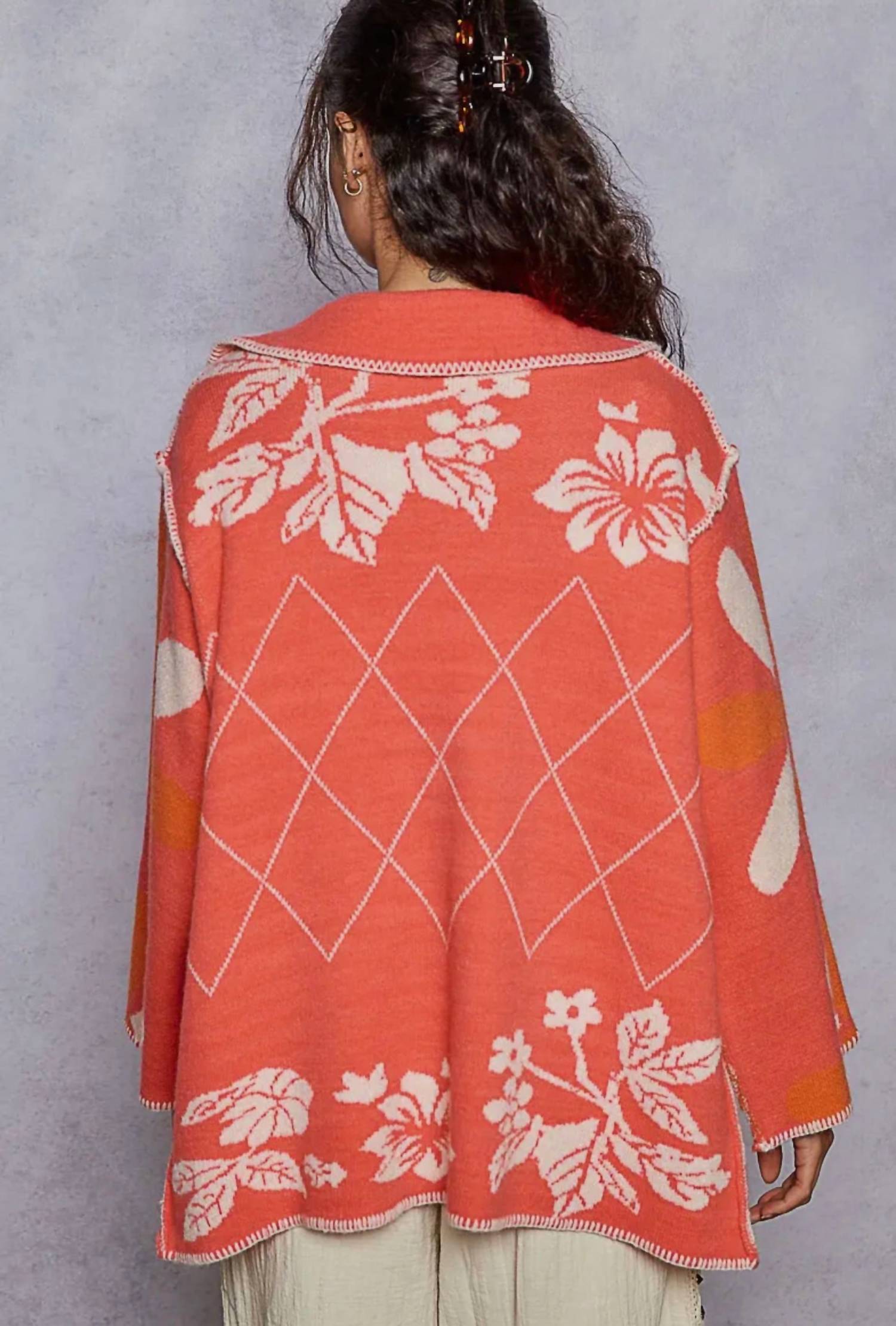 Pol - Stitch Detail Floral Collared Relaxed Fit Cardigan