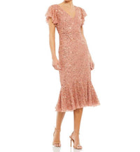 Mac Duggal - Sequined V Neck Flutter Cap Sleeve Trumpet Dress