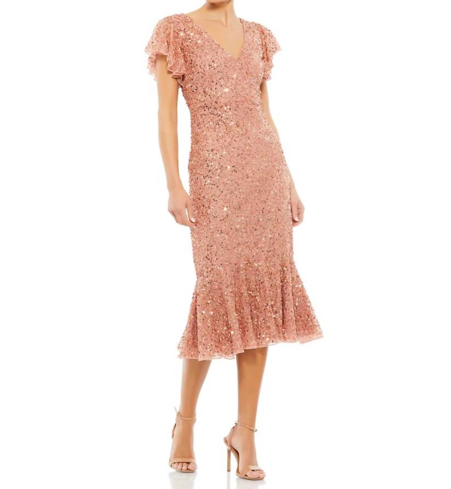 Mac Duggal - Sequined V Neck Flutter Cap Sleeve Trumpet Dress