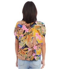 Karen Kane Tana Dolman Sleeve Top in tropical flower print - women's blouse - detail view
