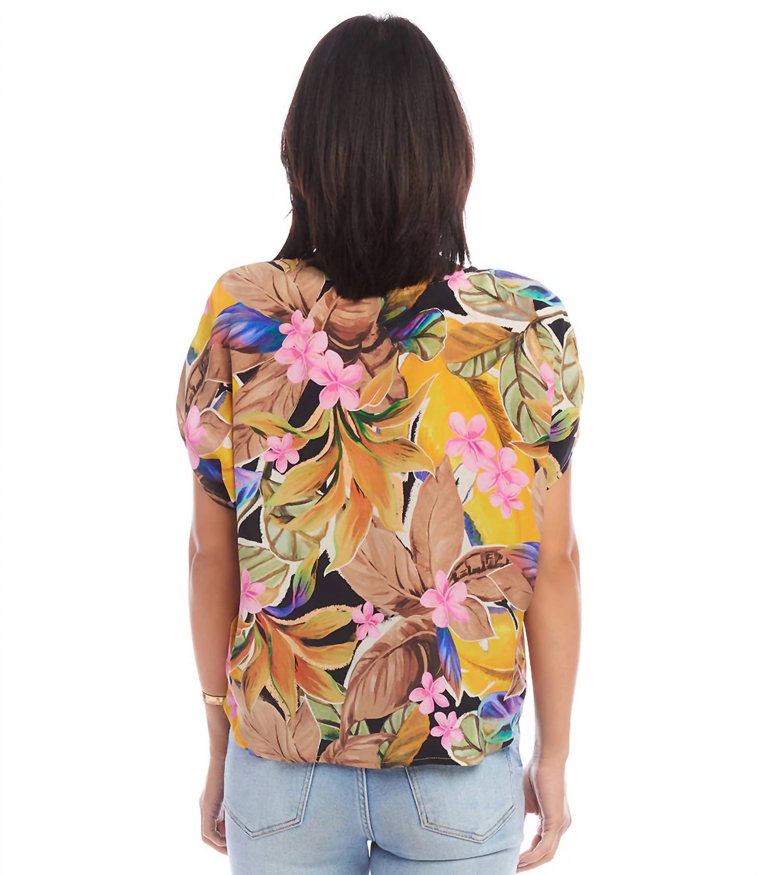 Karen Kane Tana Dolman Sleeve Top in tropical flower print - women's blouse - detail view