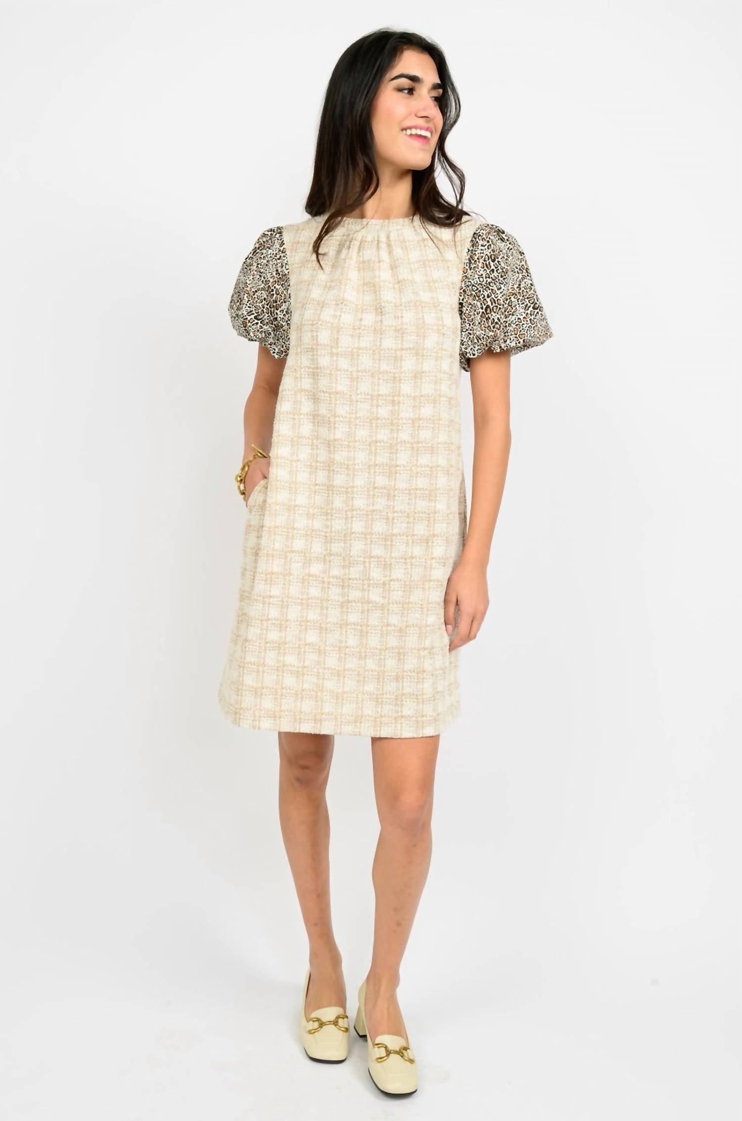 Ivy Jane Leopard Puff Sleeve Mini Dress in natural - women's dress - alternate view