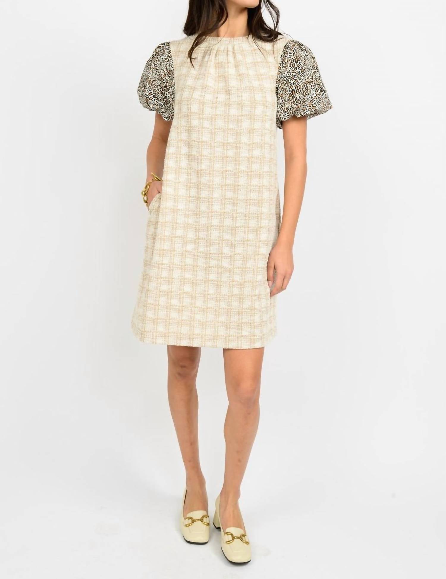 Ivy Jane Leopard Puff Sleeve Mini Dress in natural - women's dress - detail view