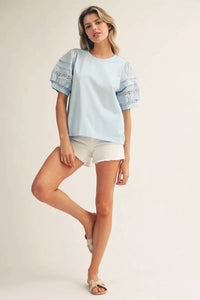 Jodifl - Lace Accent Puff Sleeves Solid Top
