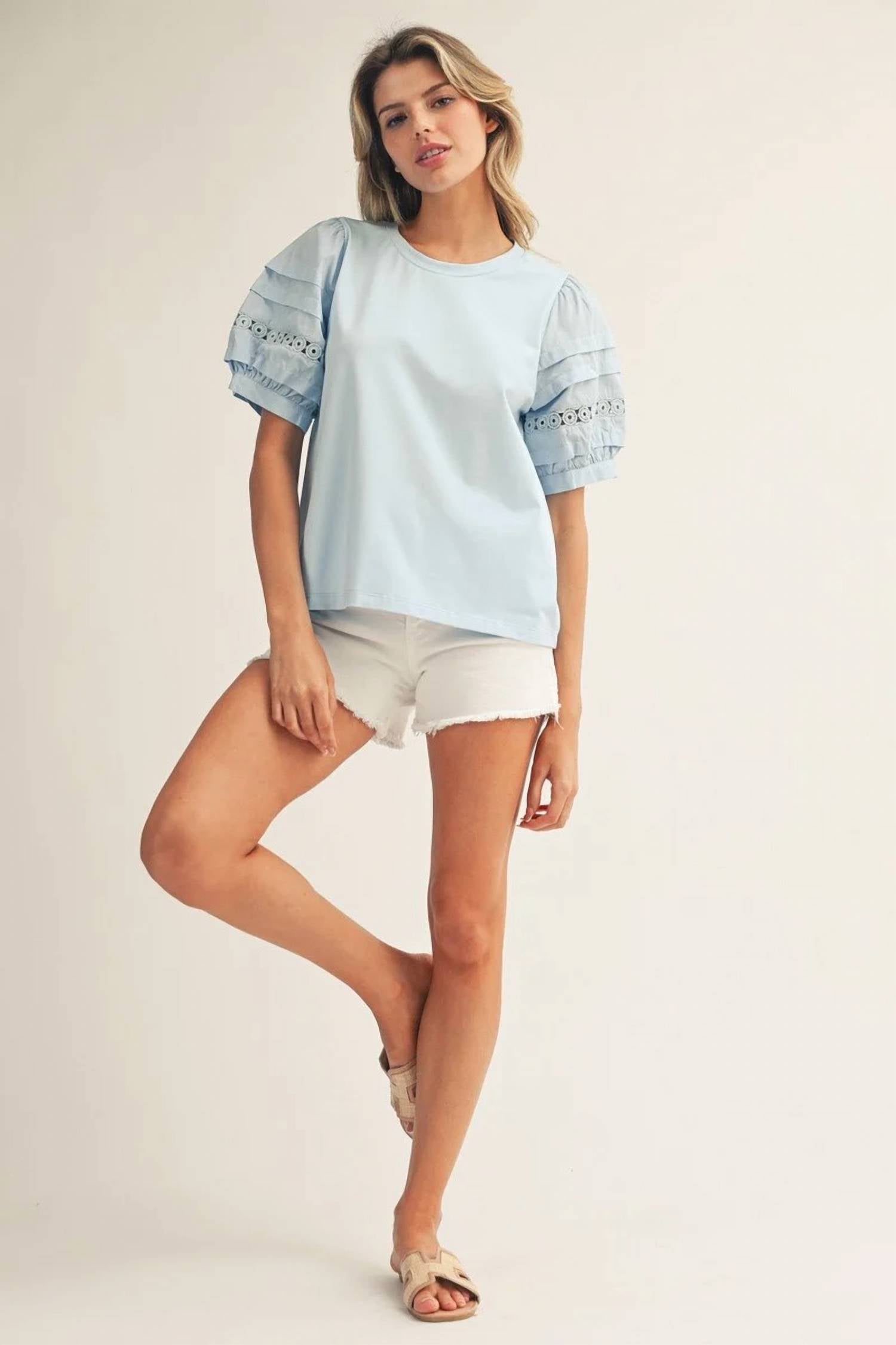 Jodifl - Lace Accent Puff Sleeves Solid Top