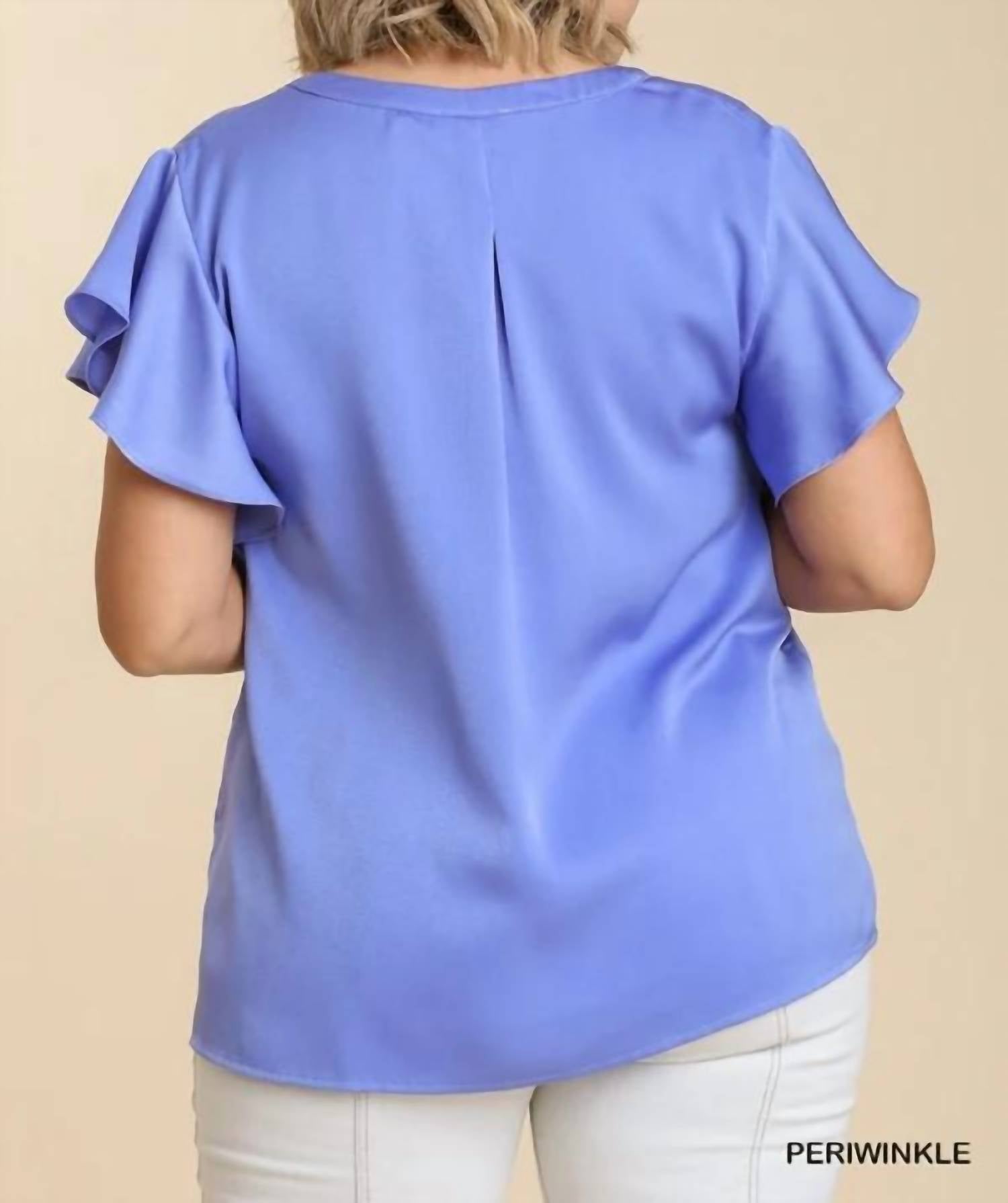 Umgee - Satin V-neck Short Ruffle Sleeve Top