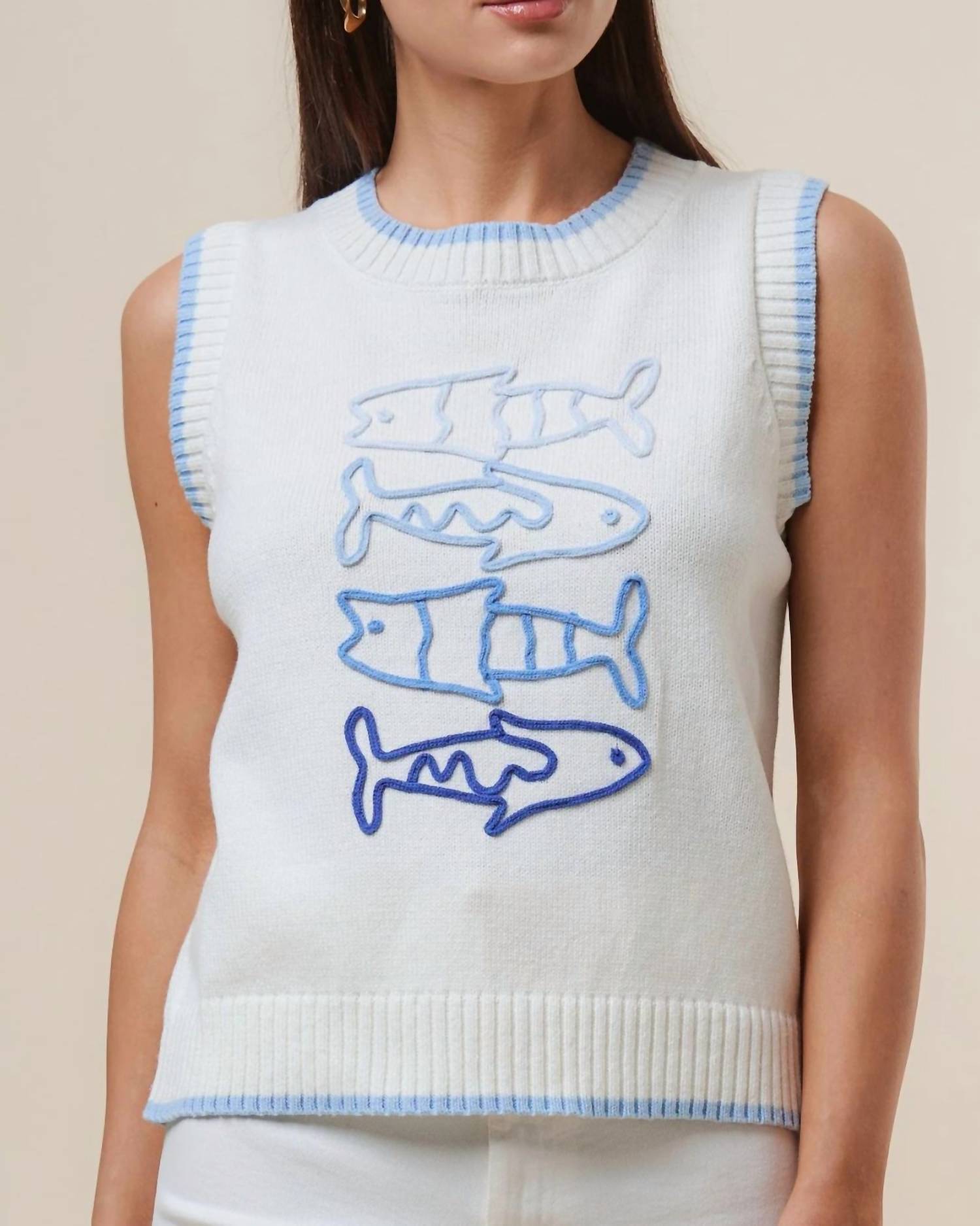 ABLE Sorrento Sleeveless Sweater in white blue - women's tank top - detail view