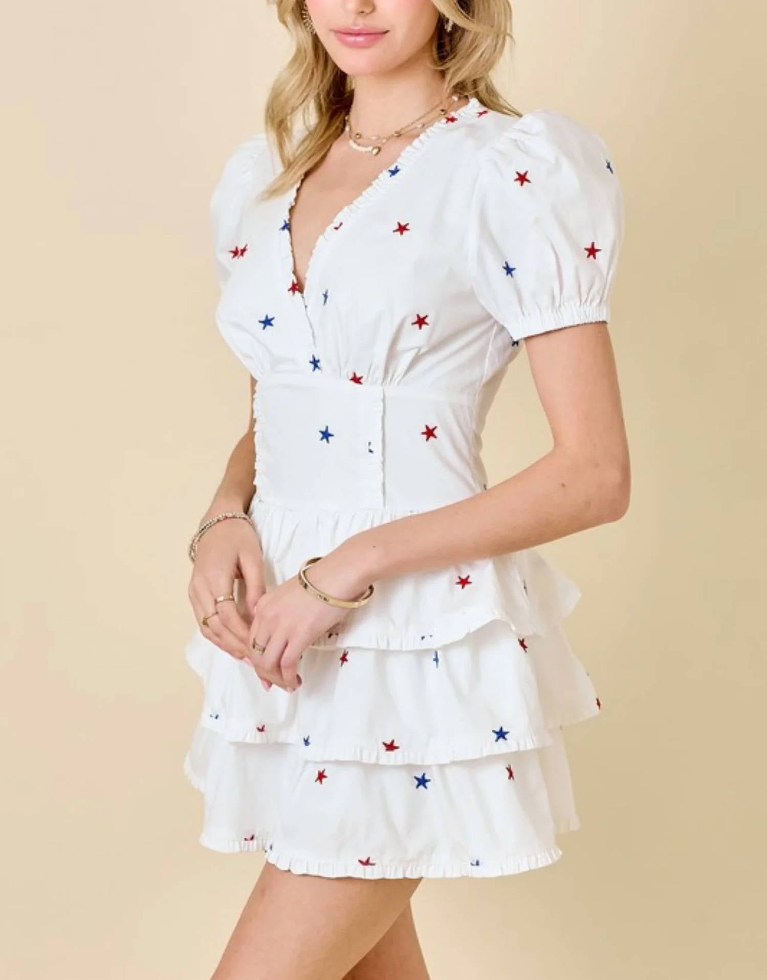 Day + Moon - Star Embroidered Ruffle Romper Dress