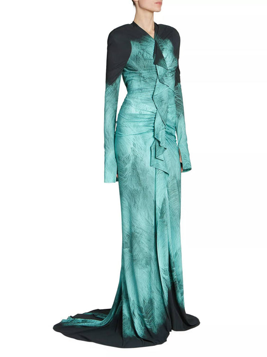 Victoria Beckham - Printed Fluid Jersey A/o Feather Dress