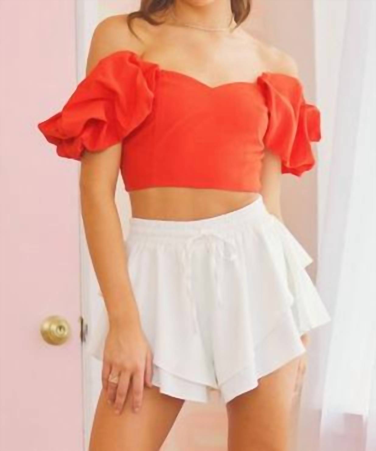 Idem Ditto Off Shoulder Crop Top With Pleated Sleeves in red - women's shirt