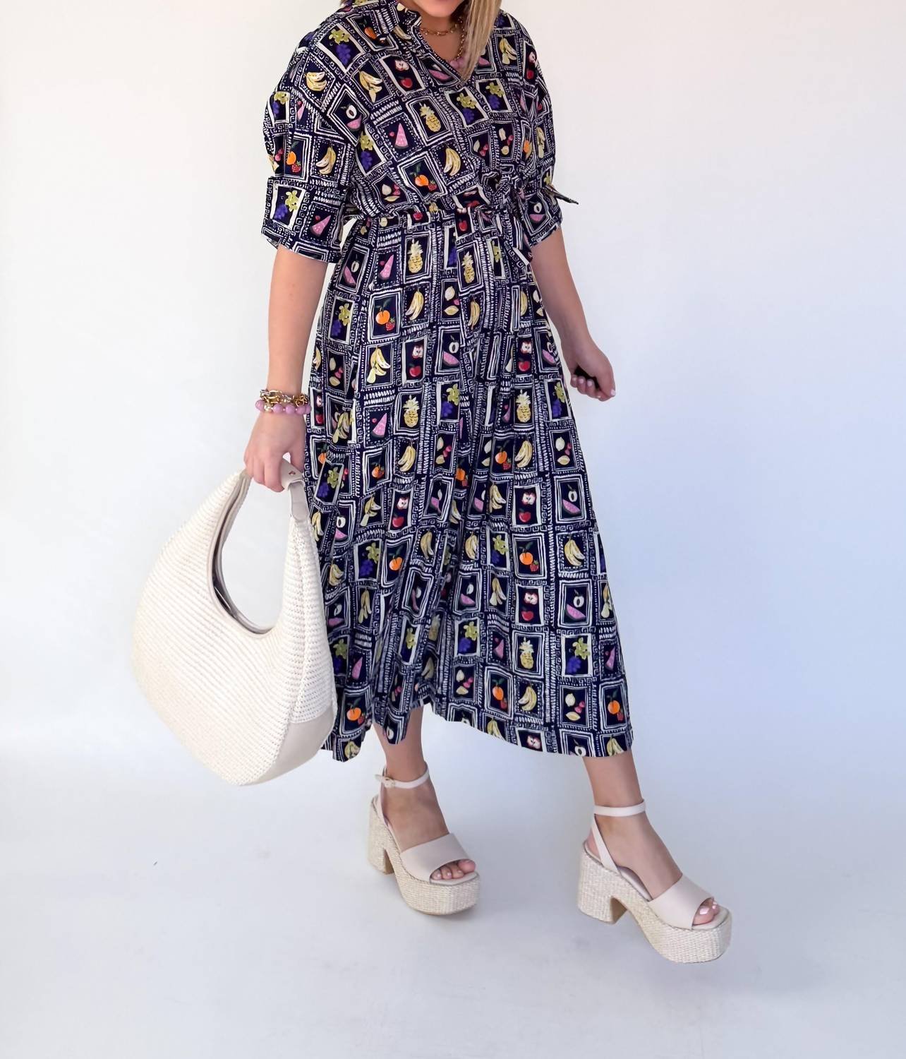 Karlie Italian Fruit Shirt Dress in blue multi - women's dress - detail view