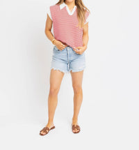 Karlie Stripe V-neck Sleeveless Sweater in red - women's sweater - alternate view