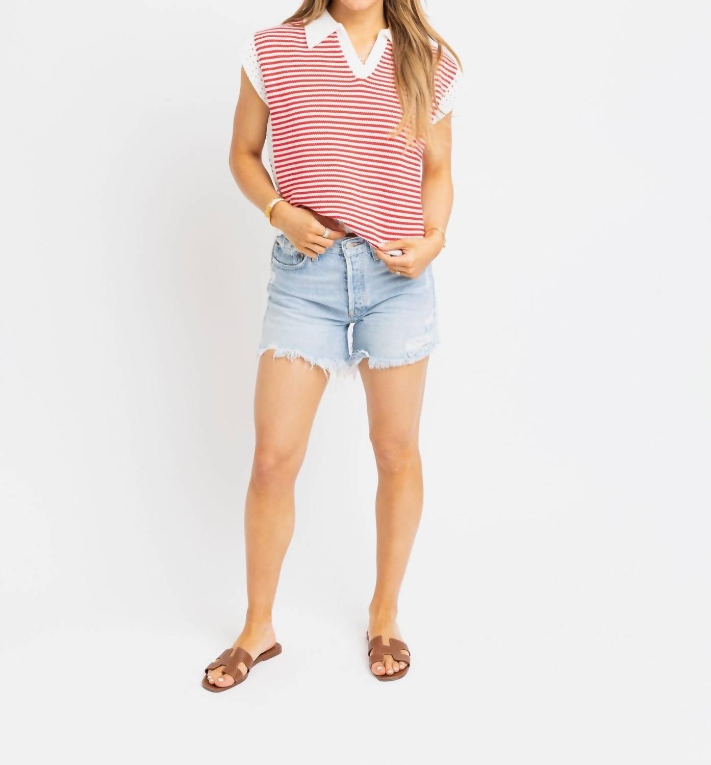Karlie Stripe V-neck Sleeveless Sweater in red - women's sweater - alternate view
