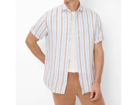 Brax Hardy Linen Mix Short Sleeved Shirt in beige light blue stripe - men's shirt