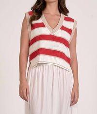 ELAN V Neck Sleeveless Sweater in red wht - women's sweater