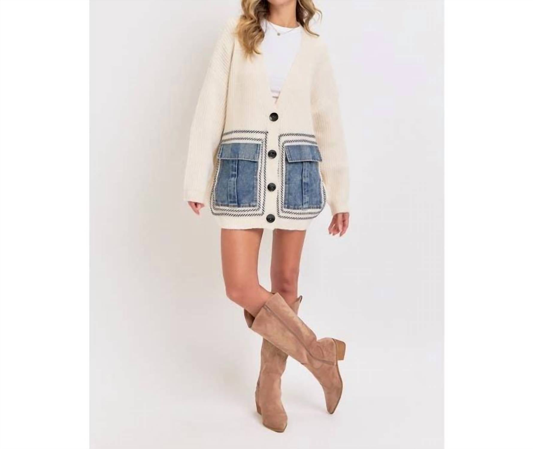 Bns - Knit Sweater Cardigan With Denim Pockets