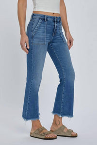 Hidden - Frayed Hem Cargo Crop Flare Jean