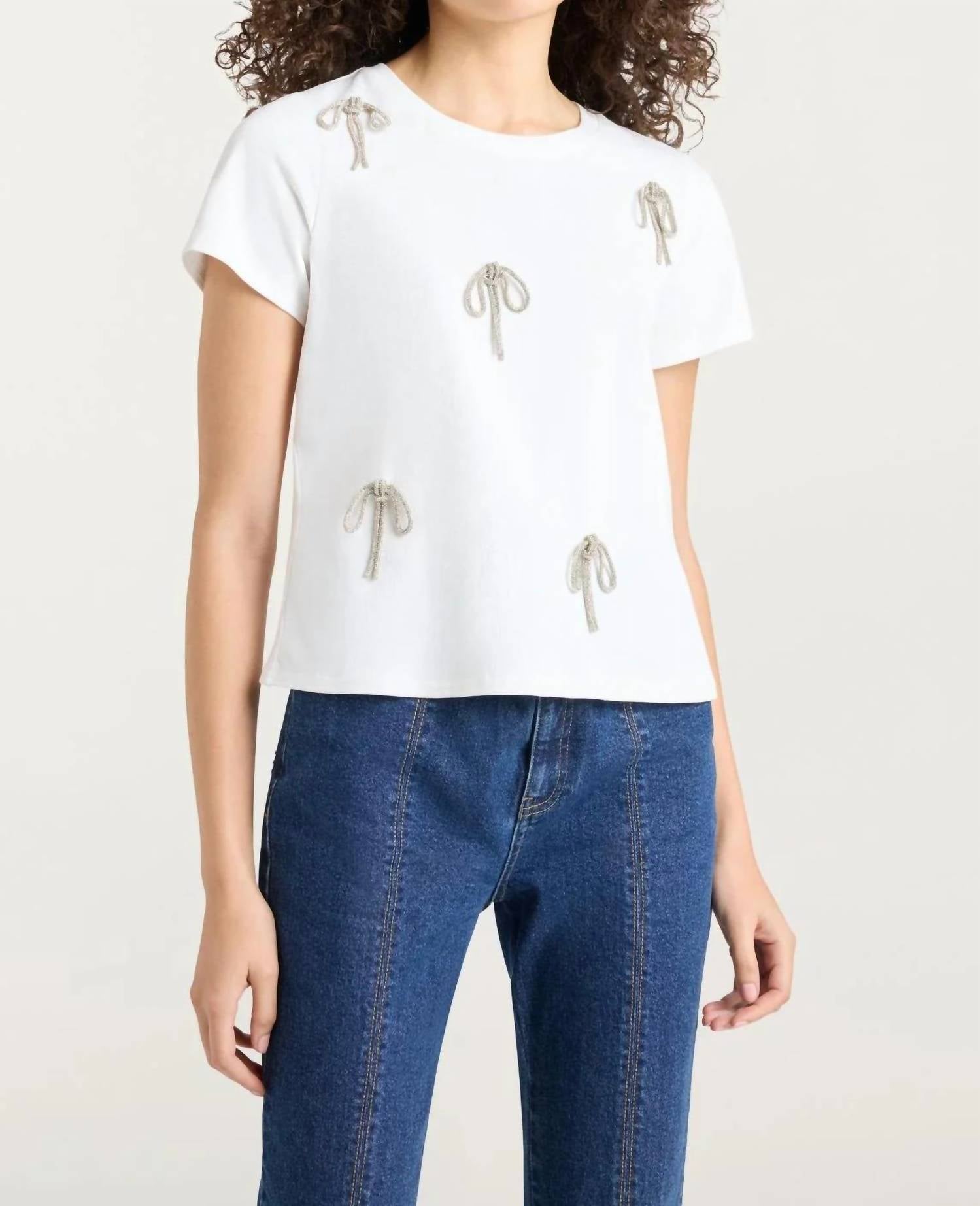 Cinq A Sept - Corded Rhinestone Bow Shrunken Tee