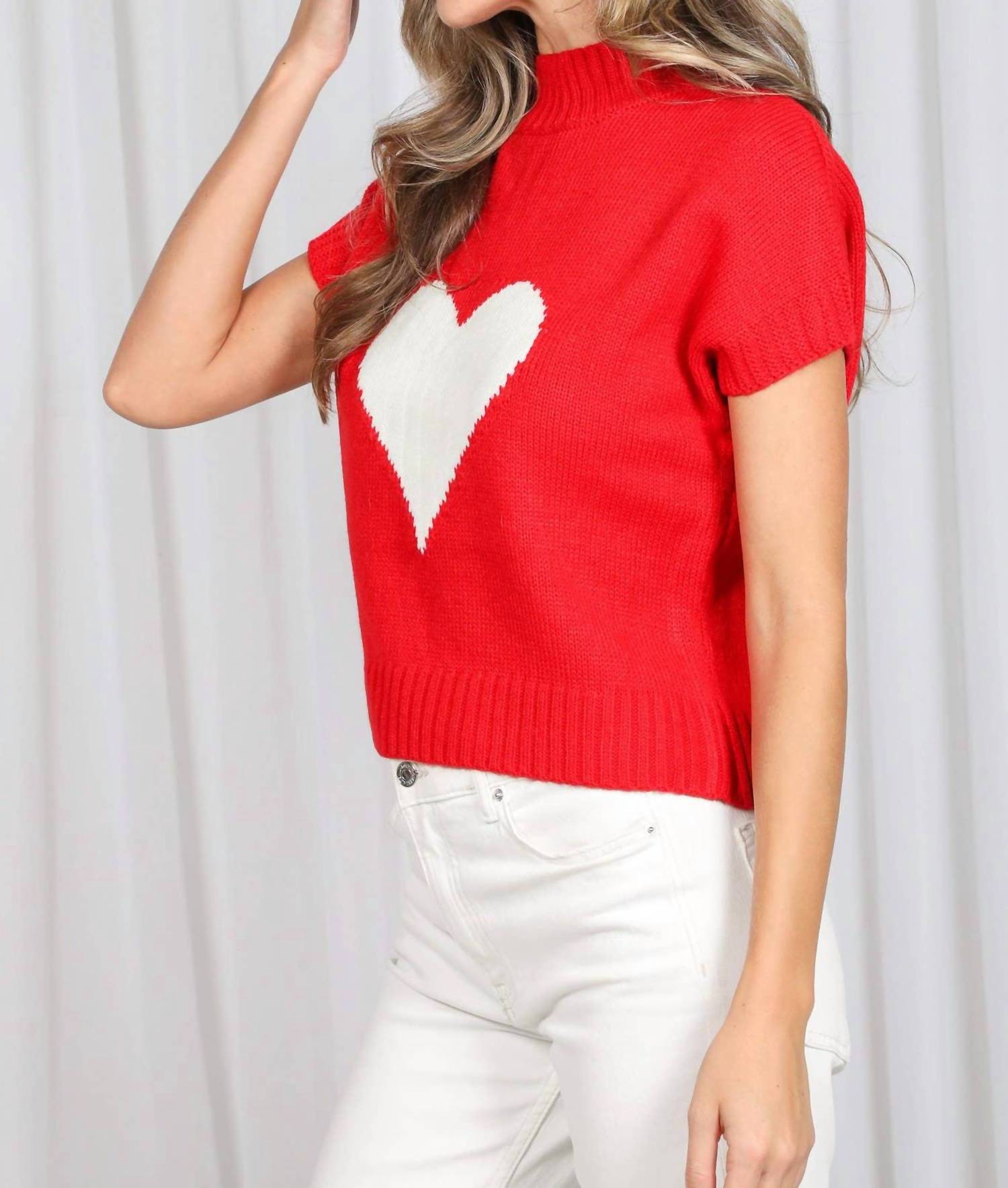 Vine & Love - Heart Embellished Mock Neck Knitted Sweater