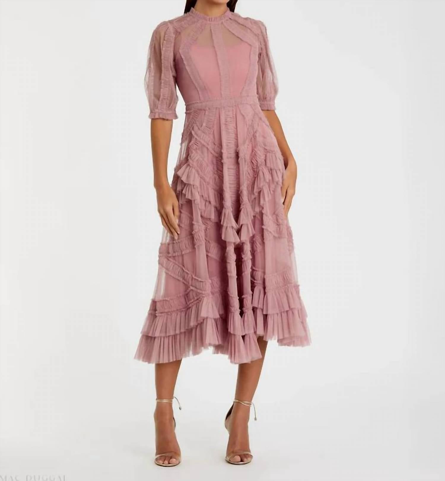 MAC DUGGAL High Neck Ruffle Tiered A-Line Midi Dress in antique rose - women's dress