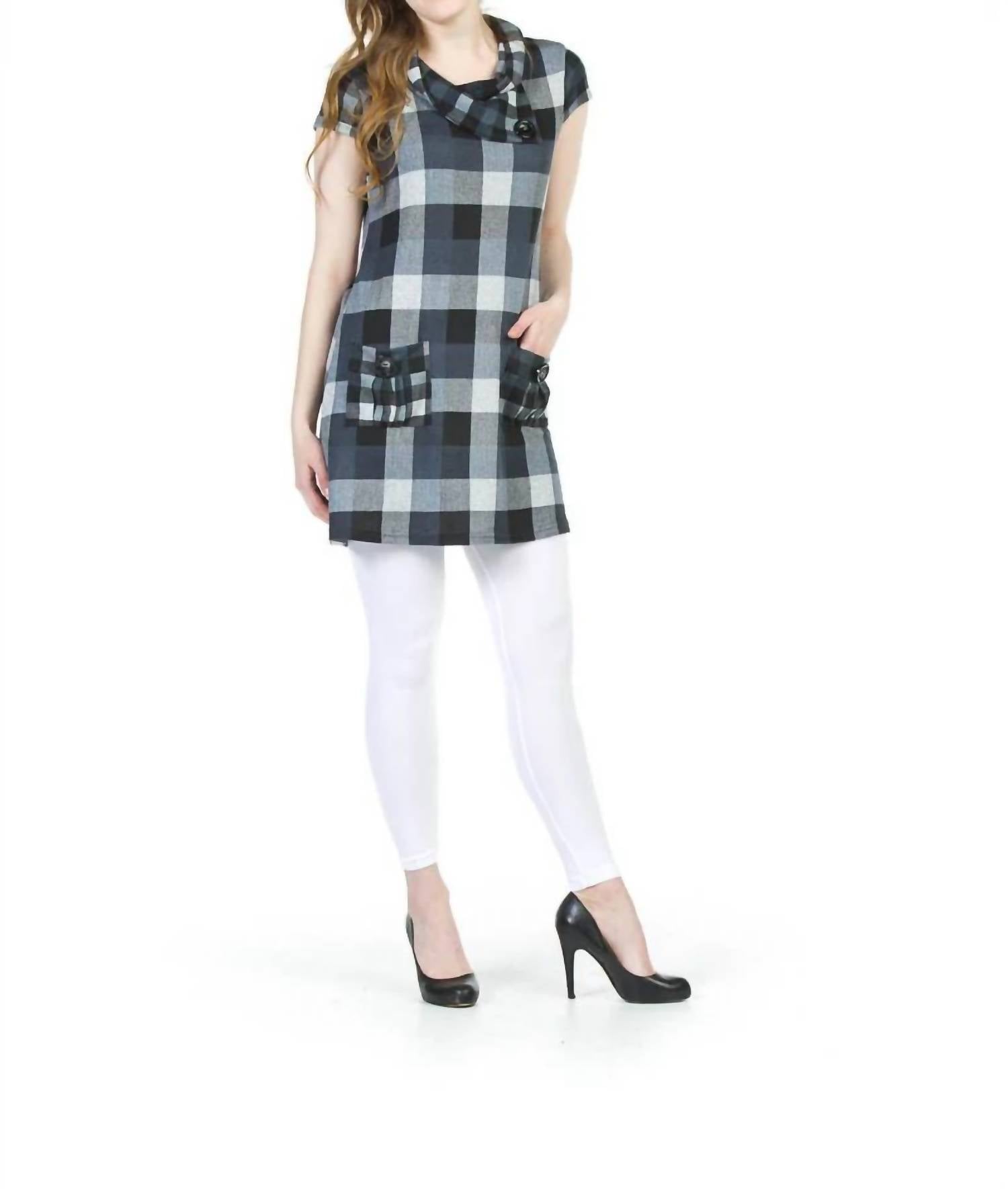 Papillon - Plaid Short Sleeve Drape Neck Sweater Dress