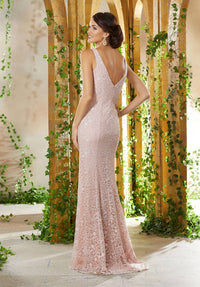 Mgny - Beaded Lace Evening Gown With Matching Chiffon Cape