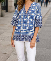Jade Print Relaxed top in blue damask - women's long sleeve top