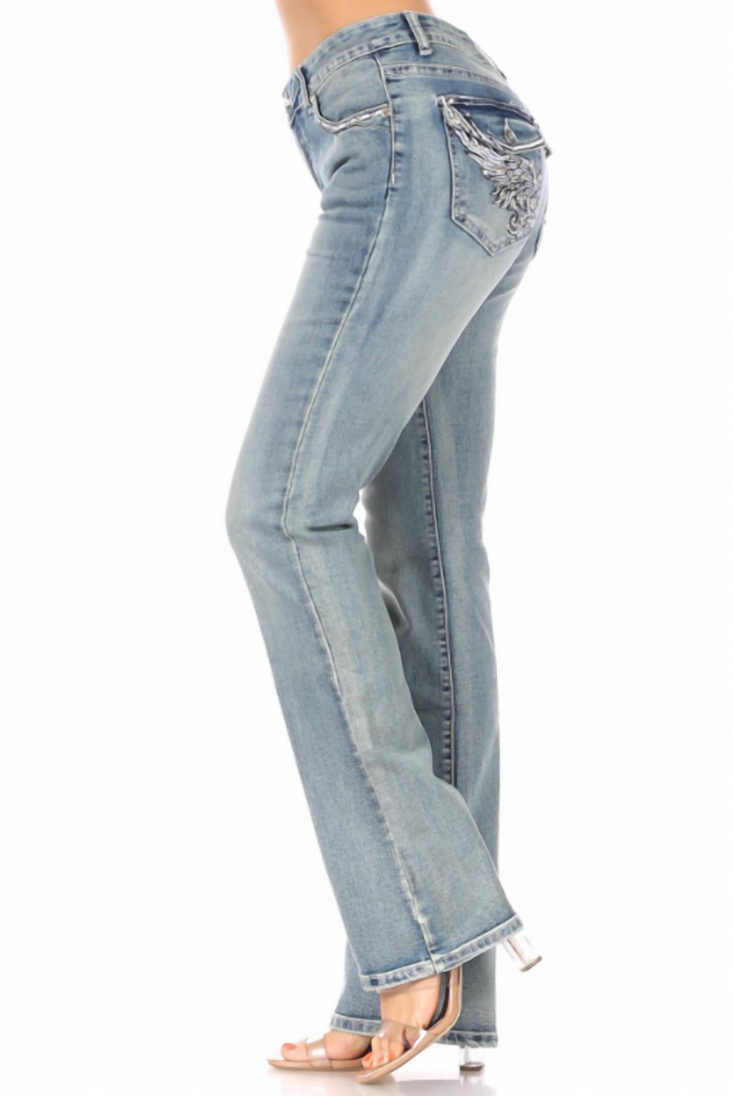 Bus Stop - Sparkle Wings Distressed Skull Jean