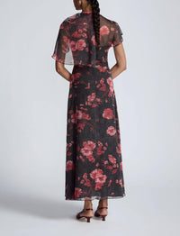 Lela Rose - Floral Printed Glenn Plaid Chiffon Draped Bodice A-line Dress