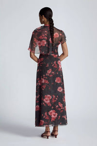 Lela Rose - Floral Printed Glenn Plaid Chiffon Draped Bodice A-line Dress