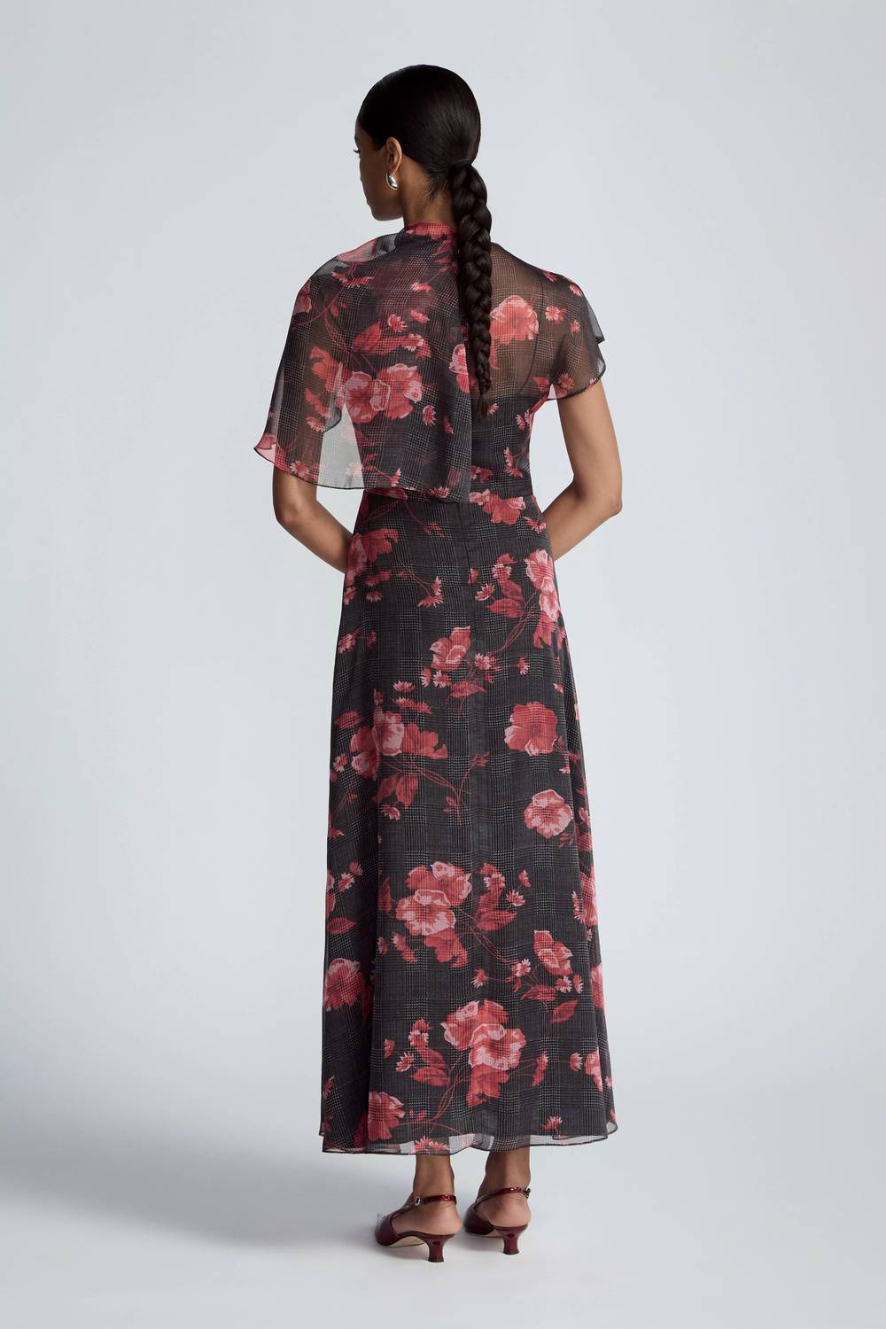 Lela Rose - Floral Printed Glenn Plaid Chiffon Draped Bodice A-line Dress