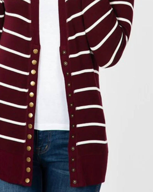 Zenana - Striped Snap Full Sleeve Cardigan