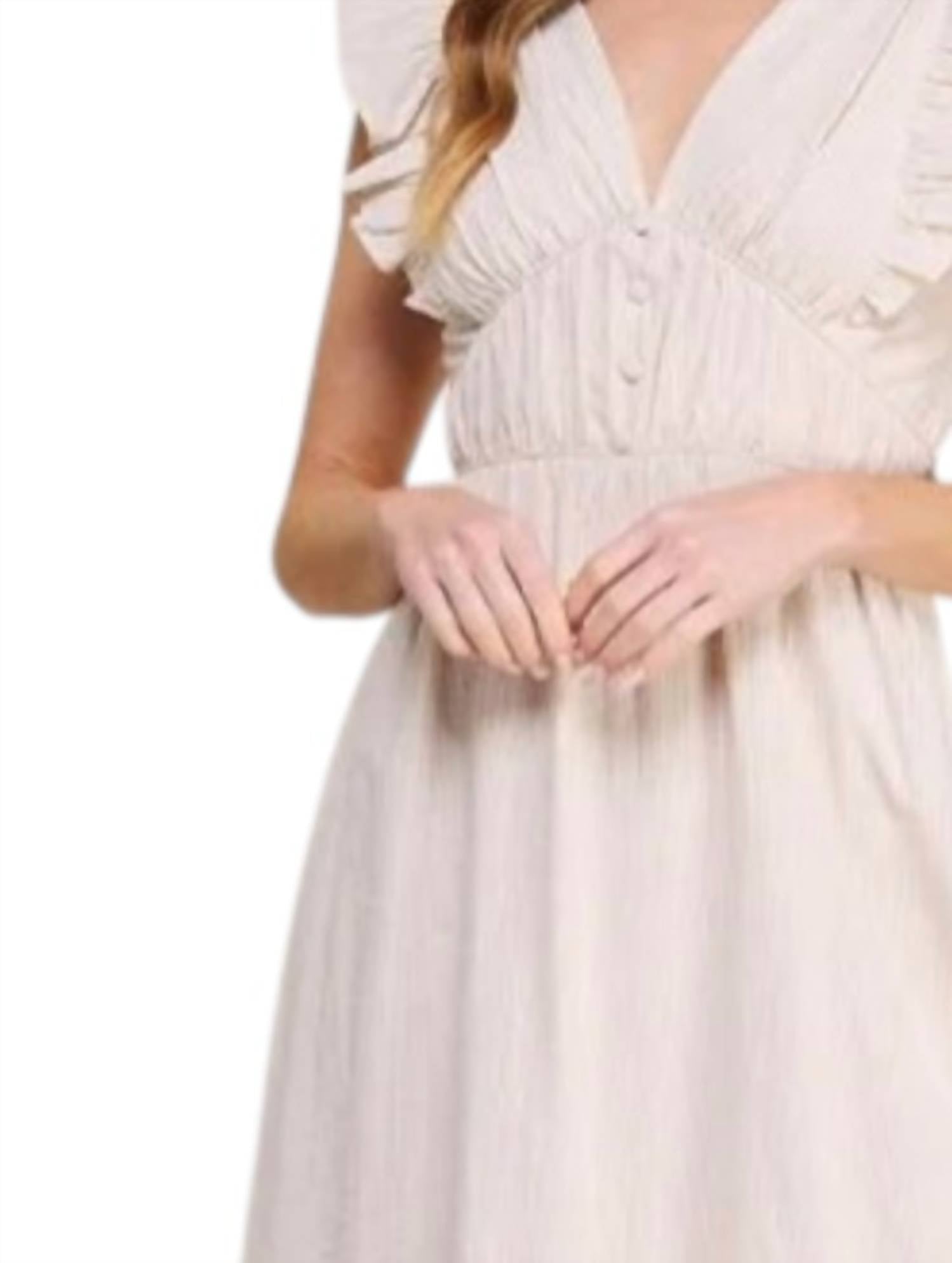 ALLIE ROSE Stripe V Neck Ruffel Dress in white - women's dress - detail view
