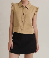 GILLI Peyton Ruffle Detail Jean Vest in taupe denim - women's jacket - detail view