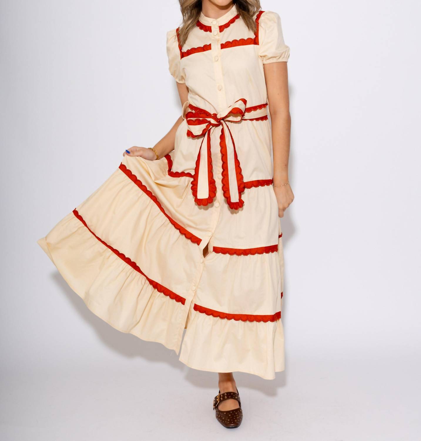 Tcec - Scallop and Stitch Bow Tie Tiered Midi Dress