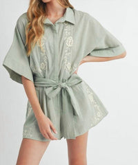 Mabel - Embroidered Button Down Collared Romper