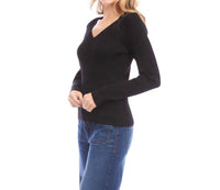 Karen Kane Ribbed V-Neck Sweater in black - women's sweater - alternate view