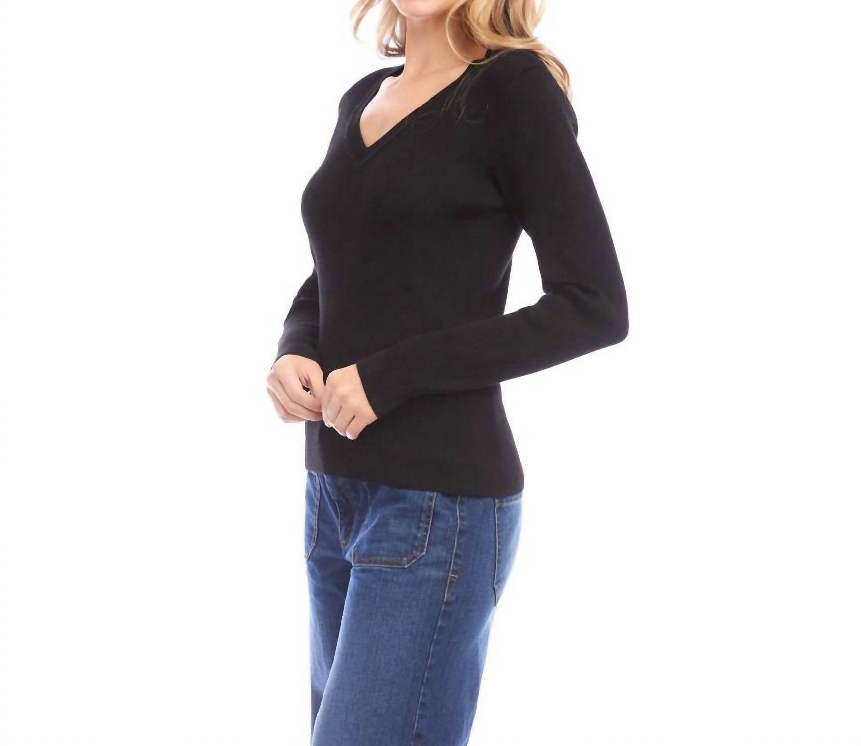 Karen Kane Ribbed V-Neck Sweater in black - women's sweater - alternate view