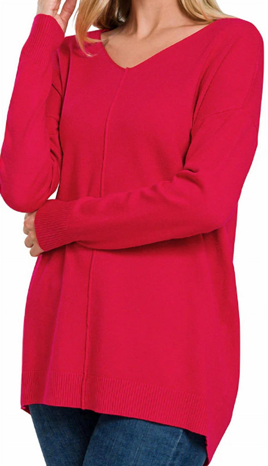 Zenana - Hi-Low V-Neck Seam Sweater